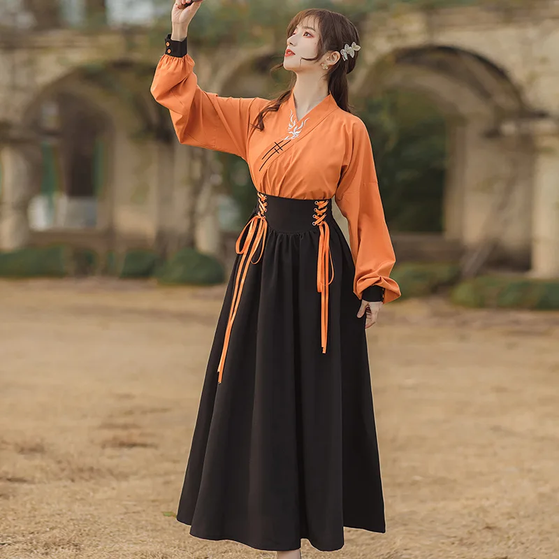 Улучшенный Китайский стиль, платья Hanfu, Женский Винтажный топ с длинными рукавами и вышивкой, черная юбка, милый костюм для Косплея на Хэллоуин для Девочек
