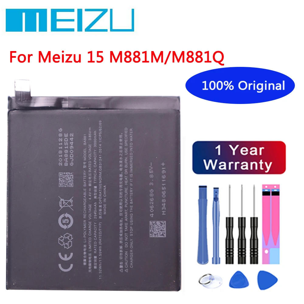 Meizu 100% Оригинальный Аккумулятор BA881 Для Meizu 15 M881 M881M M881Q 3000 мАч, Высококачественный Аккумулятор для телефона, Bateria, В наличии + Инструменты