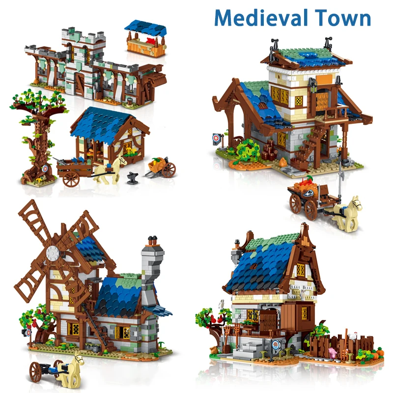 Архитектурные модели средневекового городского рынка, Идеи кирпичей, Ретро-Ветряная мельница, Вид на улицу, Модульные строительные блоки, игрушки, подарки для мальчиков