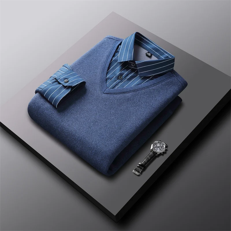 Высококачественная мужская рубашка с воротником из зимнего флиса, теплый свитер из двух частей, новинка 2022, Мужской Деловой Повседневный пуловер с отложным воротником