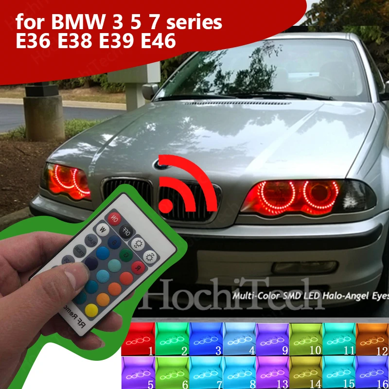 Многоцветные 5050 RGB Halo Кольца светодиодные Лампы-вспышки Автомобильных Фар DRL С радиочастотным управлением для BMW 3 5 7 серии E36 E38 E39 E46