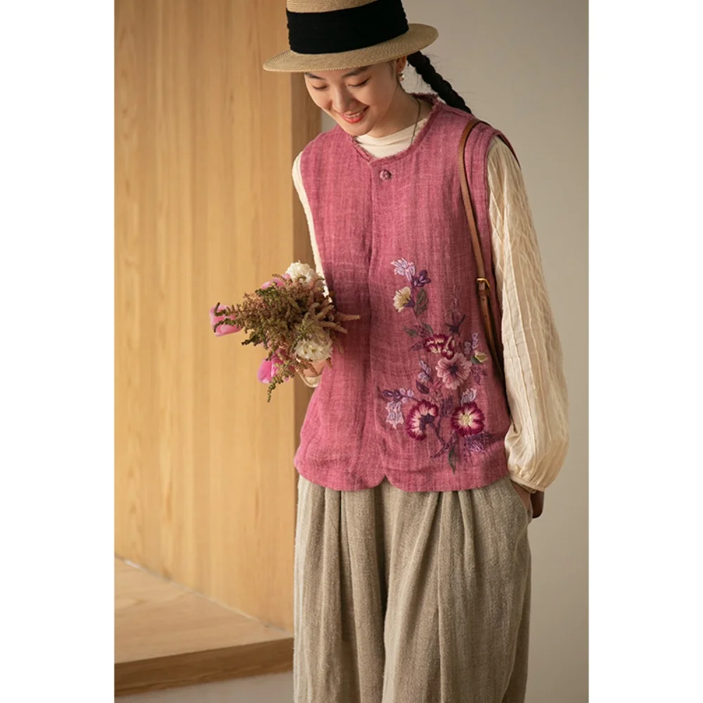 Оригинальный дизайн, женская одежда, освежающий дышащий однотонный льняной жилет с вышивкой, топ без рукавов