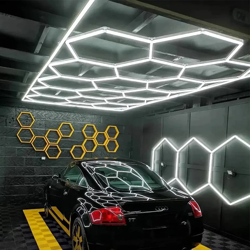 Освещение с шестигранной решеткой для автомойки, Дизайн потолка гаража, Шестигранные светодиодные фонари