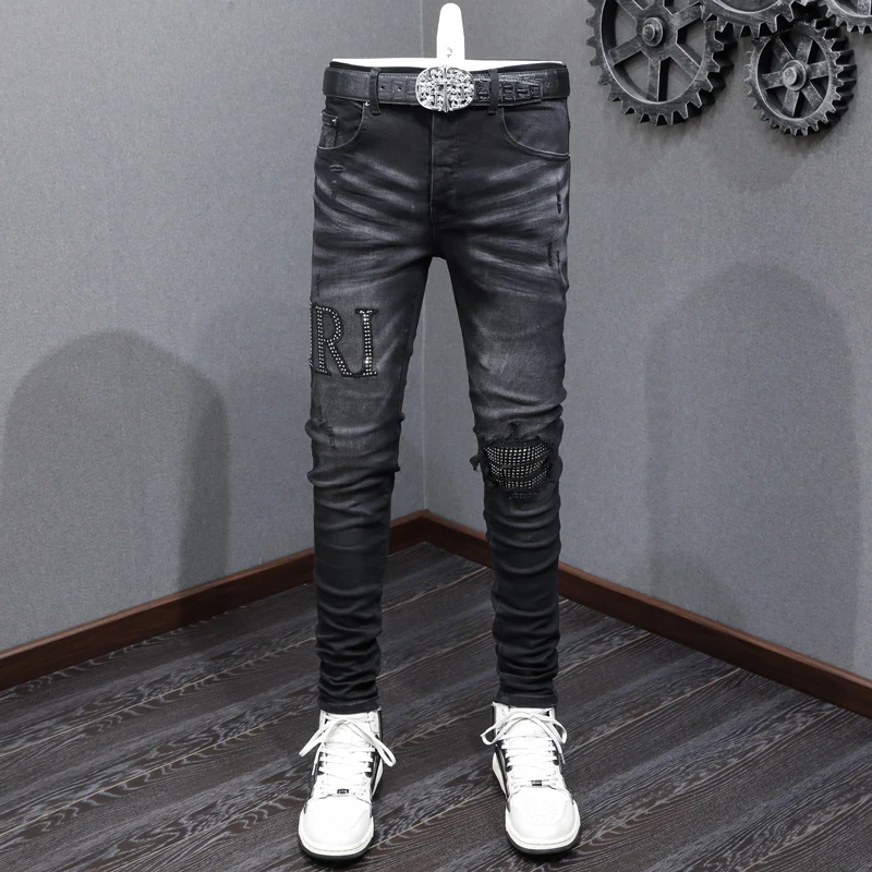Уличные Модные мужские джинсы в стиле Ретро, черные, серые, Эластичные, Стрейчевые, облегающие, Рваные Джинсы, Мужские нашивки с бисером, Дизайнерские брюки в стиле хип-хоп