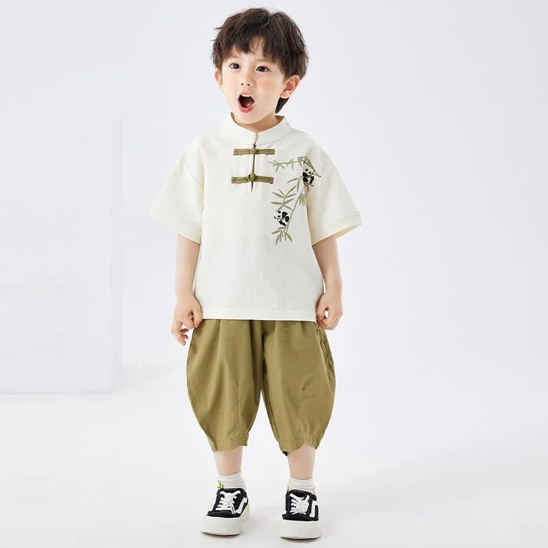 Улучшенный модный детский костюм эпохи Тан для мальчиков, топы с короткими рукавами и принтом Панды в китайском стиле, широкие брюки, Китайские покупки онлайн
